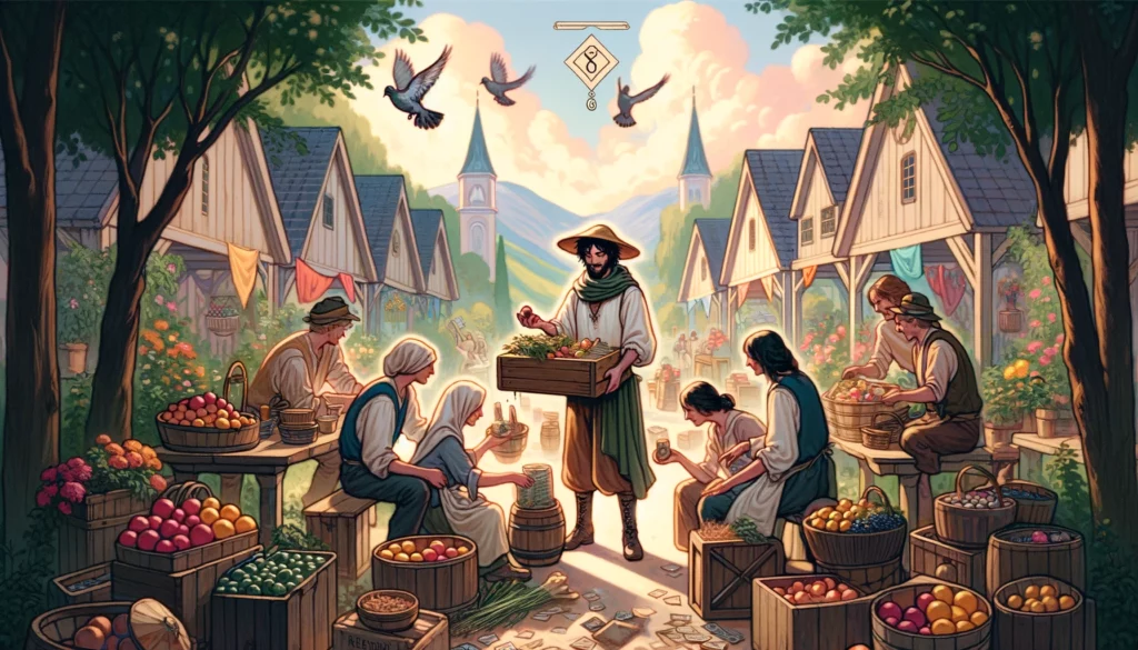  The image vividly portrays a scene of generous giving within a balanced and harmonious environment. Community members are seen sharing resources equitably, engaging in acts of kindness and mutual support. The scene reflects the spirit of generosity, fairness, and mutual respect, highlighting the importance of supporting those in need and the positive impact of balanced giving and receiving within a community, fostering a sense of unity and well-being.]






