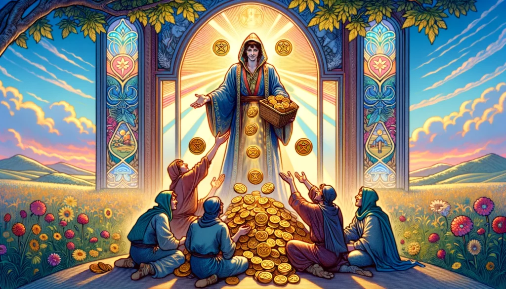  The image depicts a generous figure distributing pentacles to those in need within a vibrant and harmonious environment, symbolizing a positive "Yes" response. This scene underscores the virtues of sharing, fairness, and the importance of equitable support within a community, capturing the essence of positive outcomes associated with generosity and the commitment to helping others.