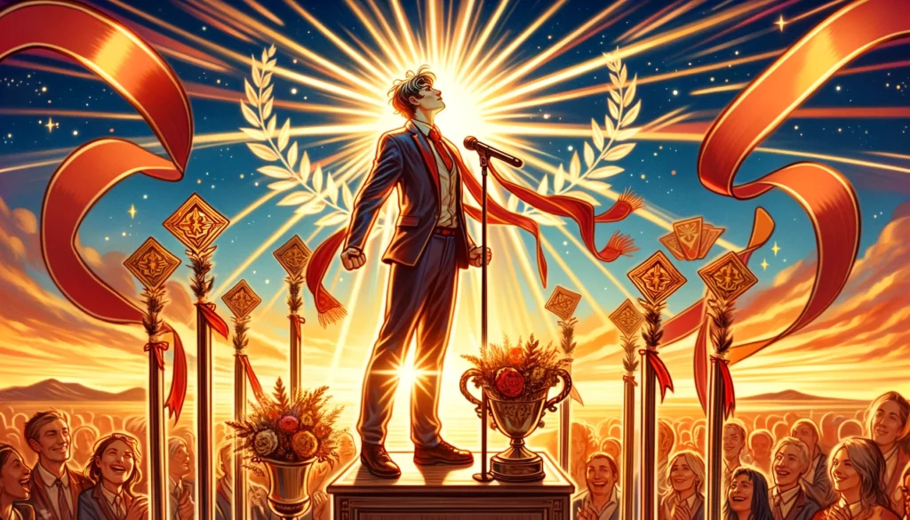  An image depicting an individual basking in the glow of victory and recognition. The person is portrayed with a joyful expression, surrounded by an energetic backdrop filled with vibrant colors. The scene symbolizes the joy and fulfillment of achieving one's goals and being celebrated for hard work and dedication.