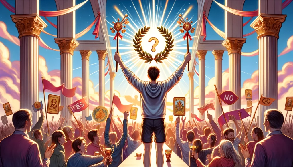 A visual representation depicting a person celebrating a triumph, symbolizing achievement and recognition. The scene is set against a festive and bright backdrop, highlighting the positive outcomes, victory, and success associated with the card, with the person surrounded by support and acclaim.