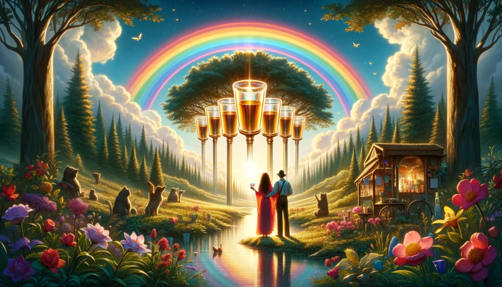  "Illustration representing profound emotional fulfillment and happiness within a romantic relationship, symbolized by the ideal of romantic bliss and contented love life under a bright rainbow."