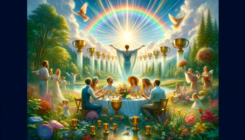  "Illustration portraying profound joy and unity, symbolizing the attainment of emotional fulfillment, happiness, and domestic bliss under a radiant rainbow, reflecting the celebratory and heartwarming essence associated with receiving a resounding 'Yes' answer through the Ten of Cups."