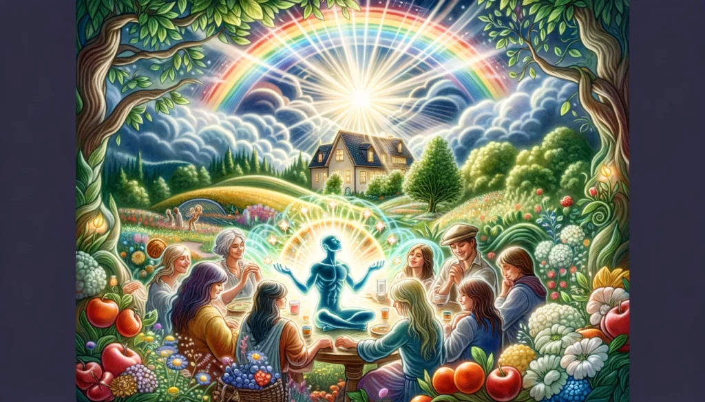 "Illustration depicting ultimate emotional fulfillment and happiness, surrounded by a loving family or community, set against a backdrop symbolizing perfect harmony and joy."





