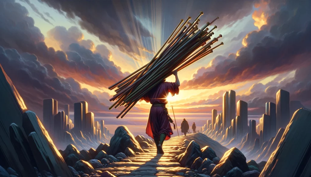 The image features a determined individual carrying ten wands, symbolizing the management of overwhelming responsibilities. Set against a backdrop of courage and aspiration, it embodies resilience and perseverance in facing challenges head-on.





