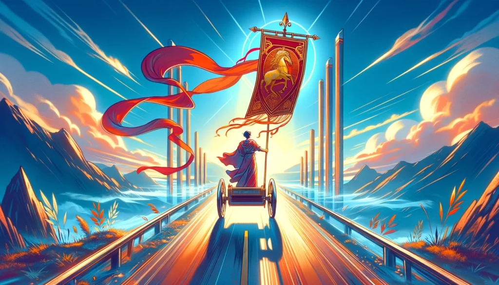  "Confident individual leading a chariot against a backdrop of optimistic, forward-moving energy, with a vibrant color palette reflecting the bold and dynamic spirit of the Upright Chariot."




