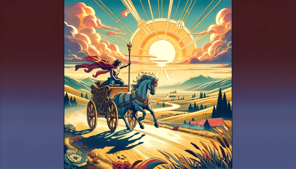 "Chariot moving triumphantly along a clear path, driven by a confident figure, symbolizing direction and success through willpower and discipline, set in an open landscape, conveying empowerment and progress with a mood of dynamism, strength, and triumph."