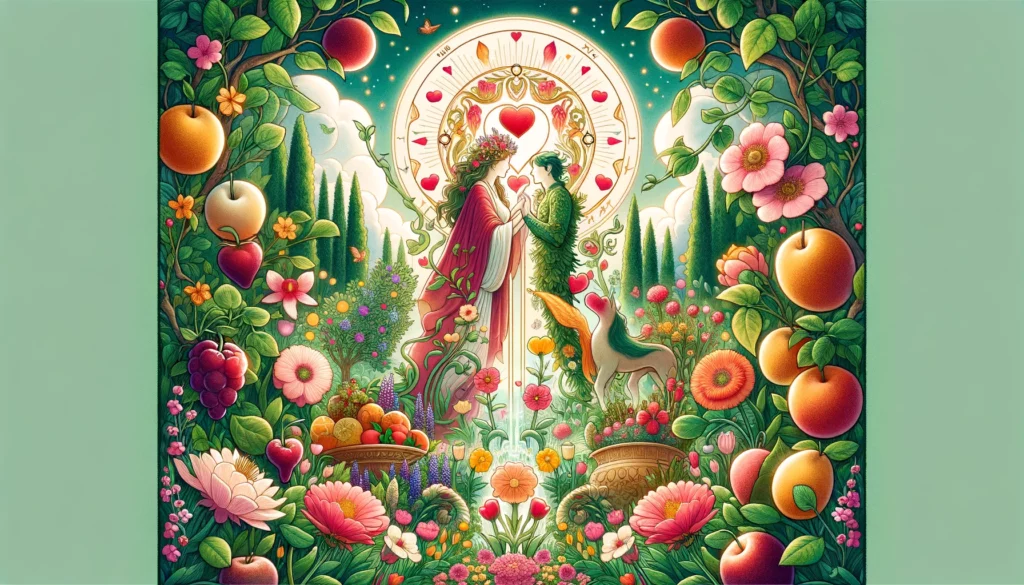  "A portrayal of a harmonious couple amidst a lush garden, enveloped by symbols of fertility and support, embodying The Empress card's essence of fostering a vibrant and nurturing environment for love to thrive."




