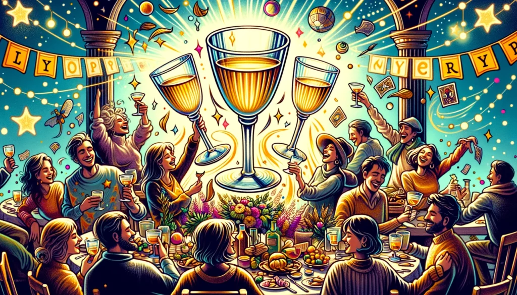  "Artwork depicting three upright cups symbolizing unity and shared happiness among people, set in a vibrant atmosphere of laughter, dancing, and communal dining. The scene embodies the essence of positive social engagements, celebration of friendships, and the joy of being part of a supportive community, reflecting the aspirations of the Upright Three of Cups in a Tarot reading."