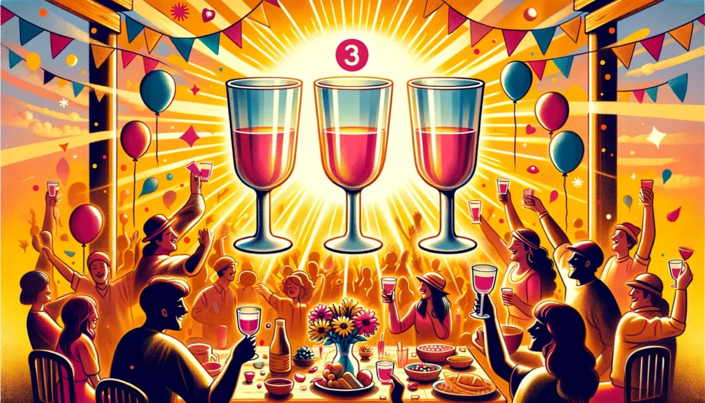 "Illustration featuring three upright cups symbolizing unity, celebration, and collective joy, set amidst scenes of a joyful gathering with friends, family, or community members. The vibrant atmosphere, enriched with symbols of happiness and togetherness, reflects the positive energy and support characterizing the Upright Three of Cups. The artwork vividly captures the essence of social harmony and the rewards of shared experiences, celebrating the uplifting spirit of collaboration and mutual support."