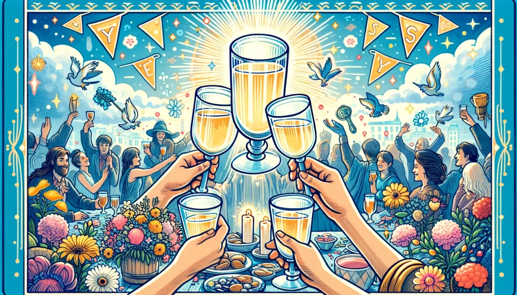 "Illustration showing three raised cups in a celebratory toast amid a vibrant, festive setting, symbolizing celebration, community, and positive social connections. Bright colors and floral motifs enhance the joyful atmosphere, reflecting the essence of the Upright Three of Cups card and its association with communal joy and affirmative outcomes in social contexts."