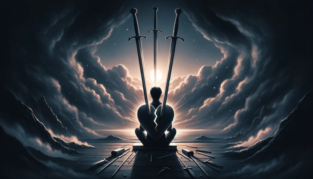  "The image portrays a heart pierced by three swords, symbolizing heartbreak, loss, and betrayal. Set against a dark and stormy backdrop, it suggests the painful yet transformative nature of such experiences, prompting reflection on the challenges and growth inherent in navigating through heartache."