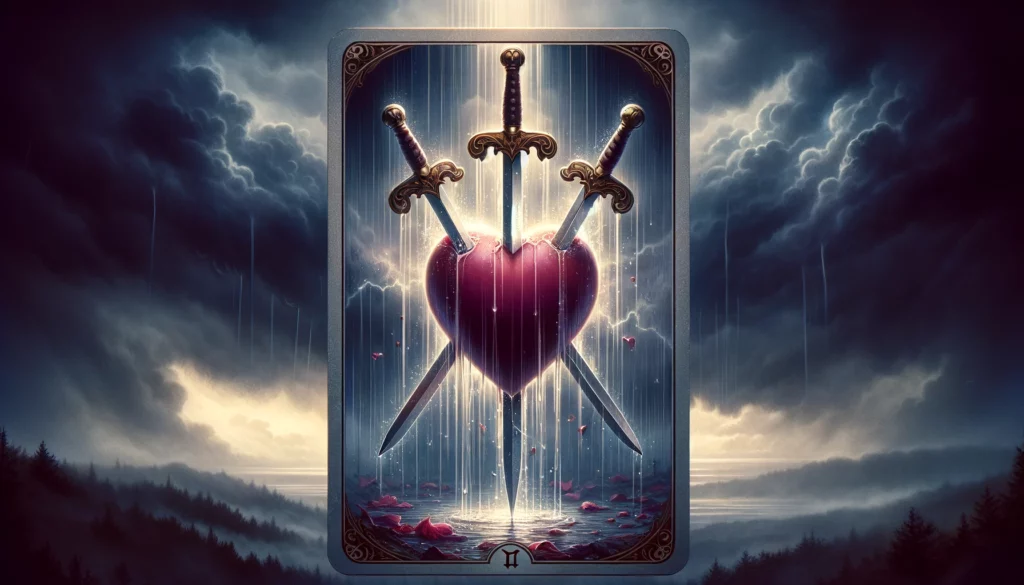 "An evocative image depicting the Upright Three of Swords Tarot card, symbolizing heartbreak, loss, and emotional pain. Three swords pierce a heart against a stormy backdrop, representing the turmoil of difficult revelations."





