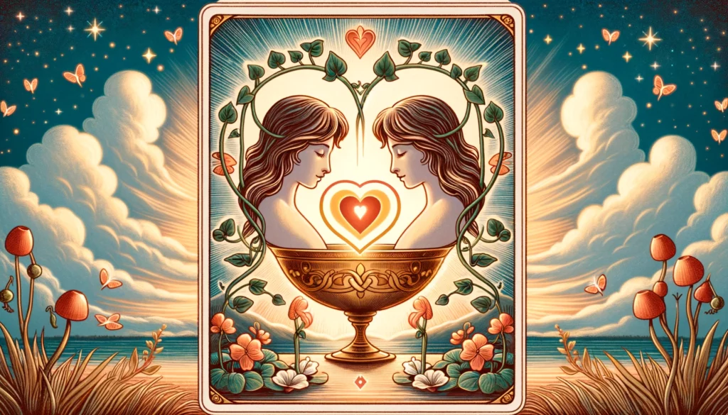 "Artwork featuring two upright cups surrounded by symbols of unity and support against a warm backdrop, representing reciprocal love, deep emotional bonds, and mutual understanding depicted by the Two of Cups in harmonious relationships."