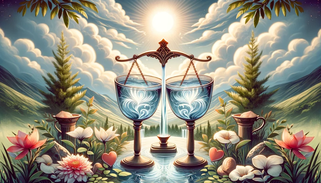 "Illustration representing perfect harmony and equal partnership with two upright cups symbolizing deep emotional connection. Conveys the promise of a joyful, respectful, and loving future for partners in a balanced and nurturing relationship, against a backdrop reflecting growth and romantic serenity."