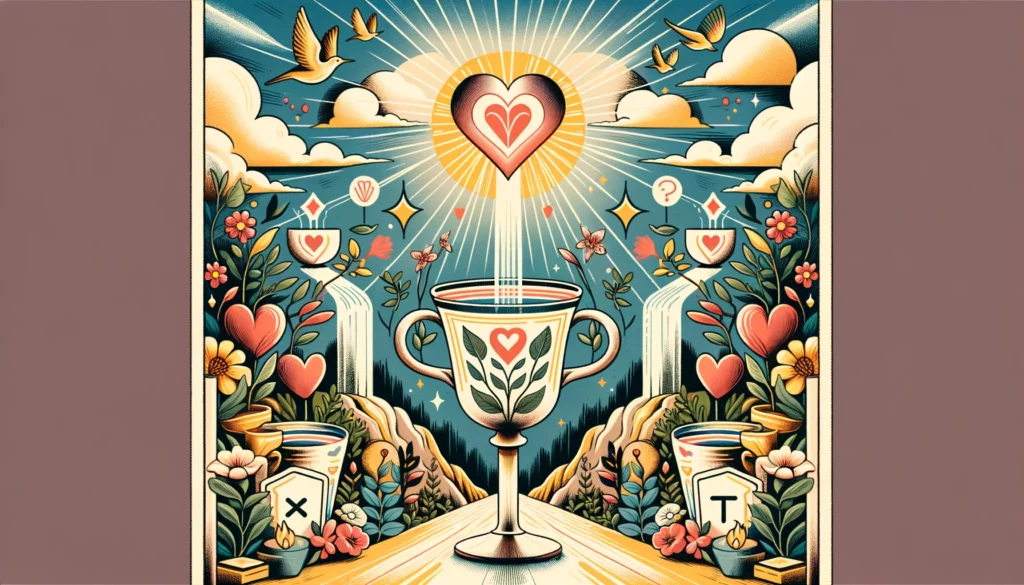  "Artwork featuring two upright cups surrounded by symbols of connection, harmony, and growth, symbolizing the desire for a genuine and balanced relationship represented by the Upright Two of Cups. The warm and optimistic atmosphere reflects aspirations for a deep, meaningful connection and mutual support."