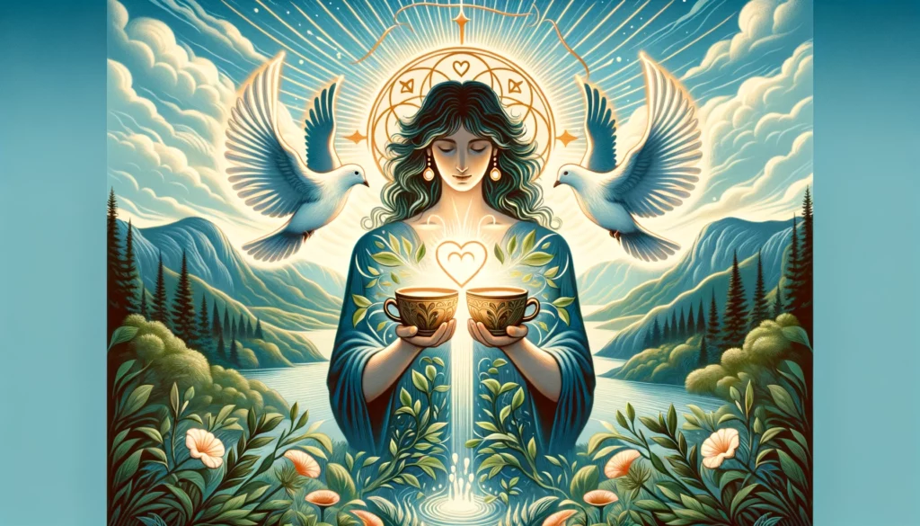  "Illustration showcasing a character embodying genuine partnership and emotional unity, surrounded by symbols of support and connection. The serene backdrop reflects the peaceful and harmonious atmosphere fostered by such individuals, echoing the essence of the Upright Two of Cups in promoting mutual understanding and growth within relationships."





