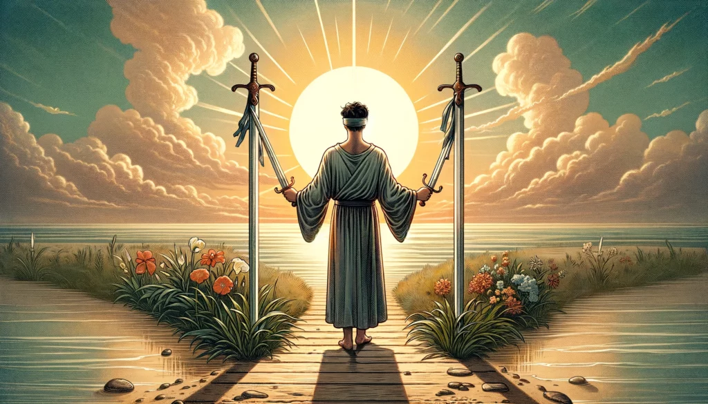 "Illustration portraying a person standing at a crossroads, reflecting the pursuit of balance, peace, and resolution through thoughtful contemplation, set against a serene backdrop suggesting potential for harmony."