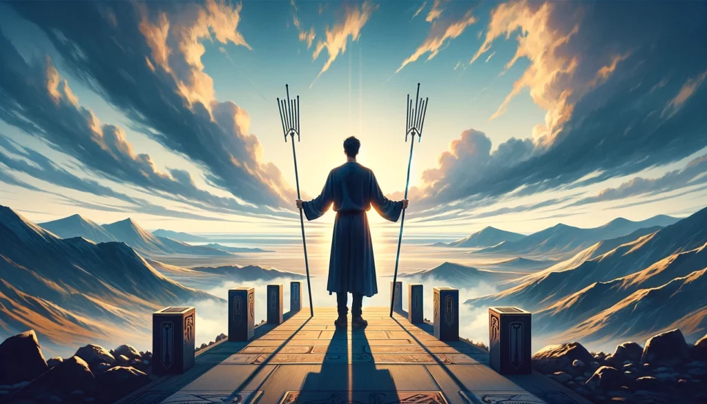 A person standing on a precipice, overlooking a vast, open landscape with a determined gaze and a sense of anticipation, surrounded by a panoramic view of mountains and clouds, symbolizing ambition, vision, and the eagerness to explore new horizons, inviting viewers to contemplate their own desires for adventure, discovery, and the unfolding of their future.