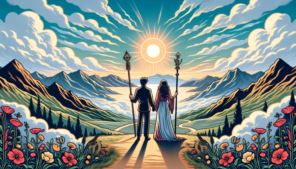 "Against a backdrop of a colorful sunset, two figures walk hand in hand towards the horizon. Their gaze is forward, reflecting shared vision and mutual ambitions. The scene exudes optimism and unity, embodying the anticipation of exploring life's possibilities together in a romantic journey."