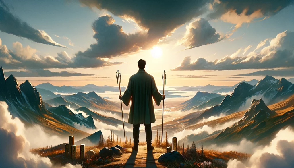 A person standing on the edge of a cliff, overlooking a vast, open landscape with a hopeful expression and a sense of anticipation, symbolizing the spirit of ambition and the anticipation of new beginnings, highlighting the moment of contemplation before embarking on future adventures and the exploration of unlimited possibilities.