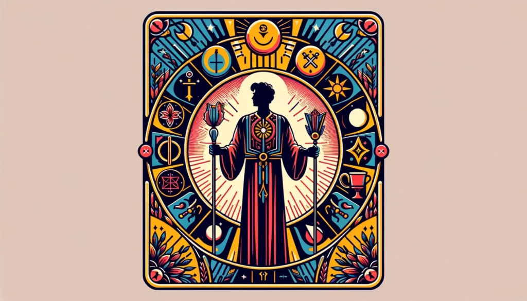 "An illustration depicting 'The Magician' Tarot card in an upright position, symbolizing empowerment, positive action, and the certainty of achieving desired outcomes, featuring a confident figure standing with tools on a table, surrounded by symbols of the elements, exuding a sense of focus and mastery."