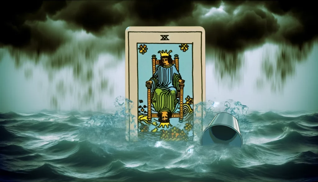 "Visuals illustrating the emotional challenges and cautionary tone of the reversed King of Cups card, enhancing the discussion on interpreting 'Yes or No' Tarot readings with this card."





