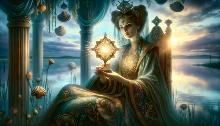 "Illustration portraying compassion, intuition, and emotional stability embodied by the Queen of Cups, against a tranquil, mystical background, reflecting themes of emotional growth, healing, and trusting intuition."