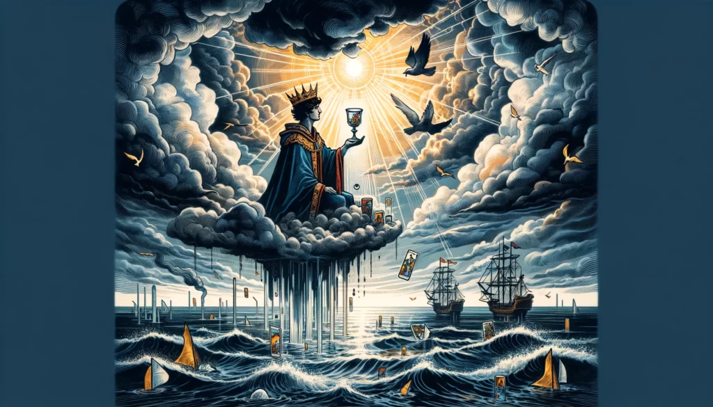 "Visual depiction portraying the emotional complexities, turmoil, and longing for healing and stability associated with the reversed King of Cups, providing a compelling backdrop for exploring nuanced desires and challenges in emotional growth."