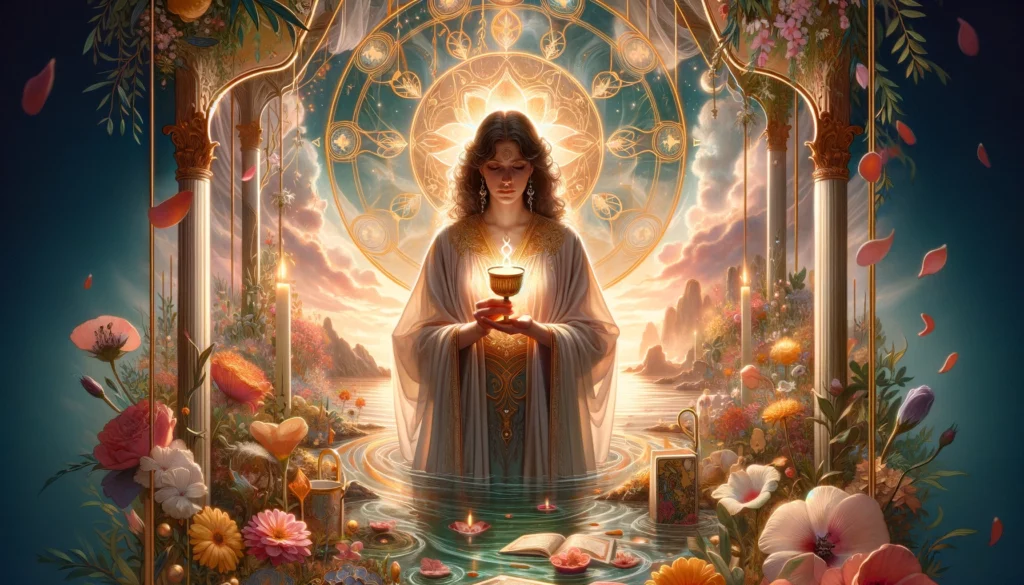  "A serene depiction showcasing compassion, emotional depth, and intuitive understanding through the Queen of Cups. Set in a tranquil and nurturing environment, it symbolizes profound love and emotional support, enriching the exploration of empathy and intuition in Tarot readings."