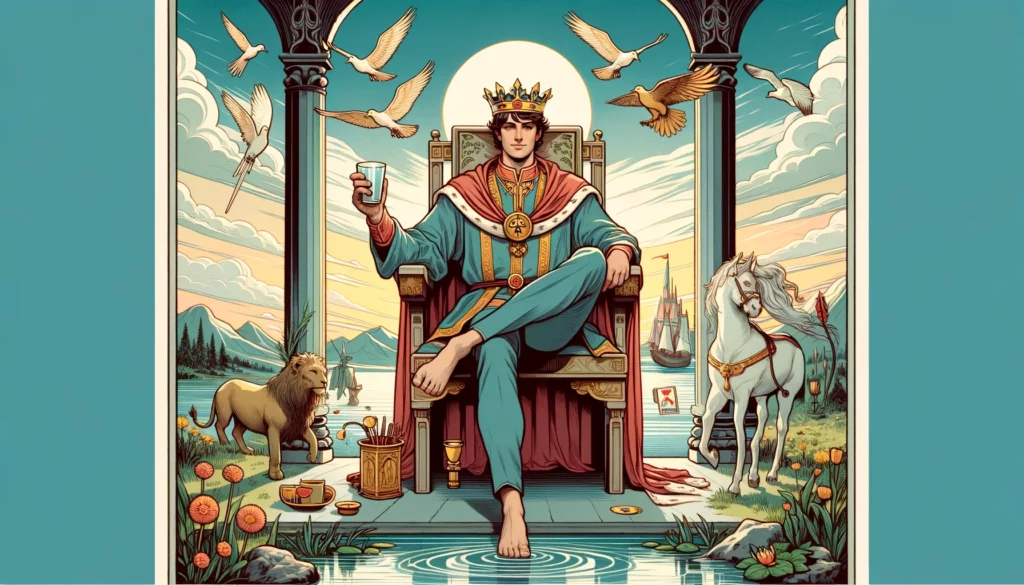 "Visual depiction of a serene and confident King of Cups, symbolizing positive affirmation and stability in decision-making, reflecting wisdom and emotional maturity."