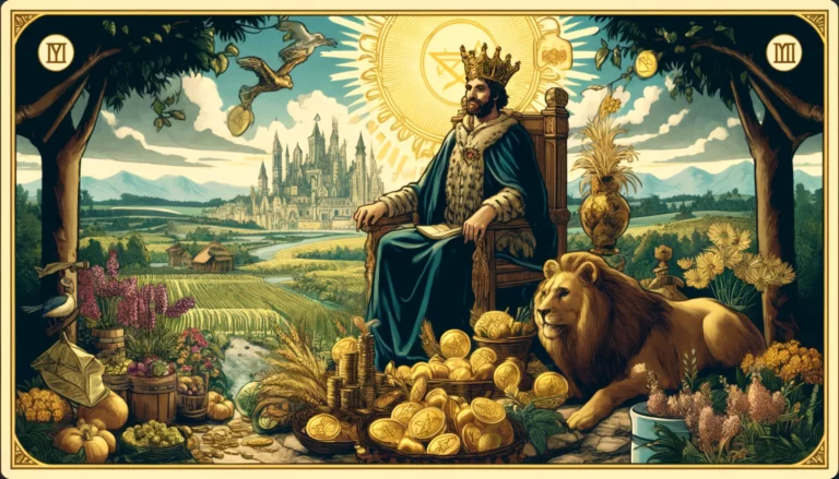 The illustration depicts the King of Pentacles in a regal pose, surrounded by symbols of wealth and prosperity. His demeanor exudes confidence and authority, reflecting themes of stability and tangible success. In the background, scenes of real-world scenarios unfold, illustrating the King's influence and impact. This visual serves as an inspiring header, inviting readers to explore themes of wealth and achievement with optimism and determination.