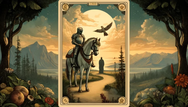 The image portrays a person embodying the qualities of the Knight of Pentacles, standing tall with a confident and determined demeanor. They are depicted as focused and unwavering, symbolizing stability, patience, and a strong sense of responsibility. The person holds a pentacle in one hand, representing the practical and grounded nature of their pursuits. Behind them, there is a landscape depicting fields and trees, suggesting the steady progress and growth that comes from diligent effort over time. Overall, the scene conveys a sense of assurance and contentment derived from the disciplined pursuit of goals.