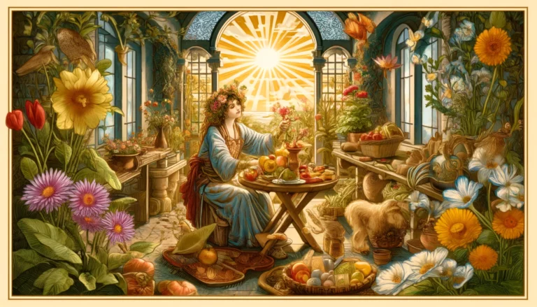 An illustration depicting the Queen of Pentacles seated in a lush garden surrounded by blooming flowers, vibrant trees, and lush greenery. The Queen has a serene and nurturing expression on her face as she cradles a pentacle in her hands. The scene radiates warmth, abundance, and emotional stability, symbolizing comfort and care. This visual provides a visually rich and inviting context for discussing the emotional landscape associated with the Queen of Pentacles in tarot readings.