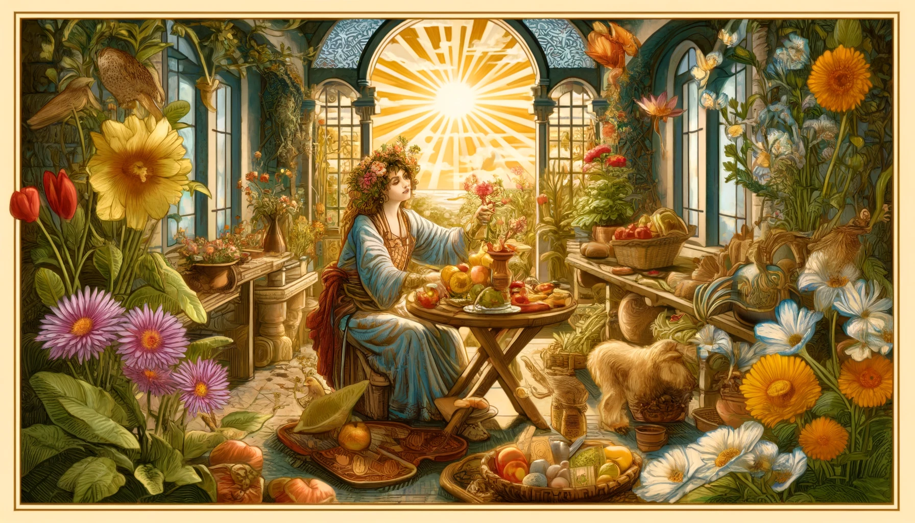 An illustration depicting the Queen of Pentacles seated in a lush garden surrounded by blooming flowers, vibrant trees, and lush greenery. The Queen has a serene and nurturing expression on her face as she cradles a pentacle in her hands. The scene radiates warmth, abundance, and emotional stability, symbolizing comfort and care. This visual provides a visually rich and inviting context for discussing the emotional landscape associated with the Queen of Pentacles in tarot readings.