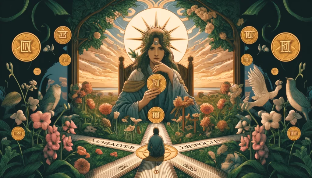 The image shows a woman seated on a throne, exuding an aura of stability and wisdom. She holds a pentacle in one hand, symbolizing material wealth and abundance, while the other hand gestures towards the ground, suggesting groundedness and practicality. Surrounding her are symbols of nature and fertility, indicating her nurturing and caring qualities. This visualization represents the guidance and influence of the Queen of Pentacles in decision-making, emphasizing stability, care, and practical wisdom.