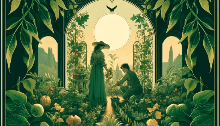 The image depicts a couple in a warm embrace, surrounded by symbols of abundance and comfort. The Queen of Pentacles is portrayed as a nurturing figure, with a gentle expression and welcoming demeanor. The scene conveys a sense of security and contentment, highlighting the deep emotional connection and mutual support between the partners. Overall, the visualization symbolizes the nurturing qualities of the Queen of Pentacles and the fulfillment found in a loving and caring relationship.