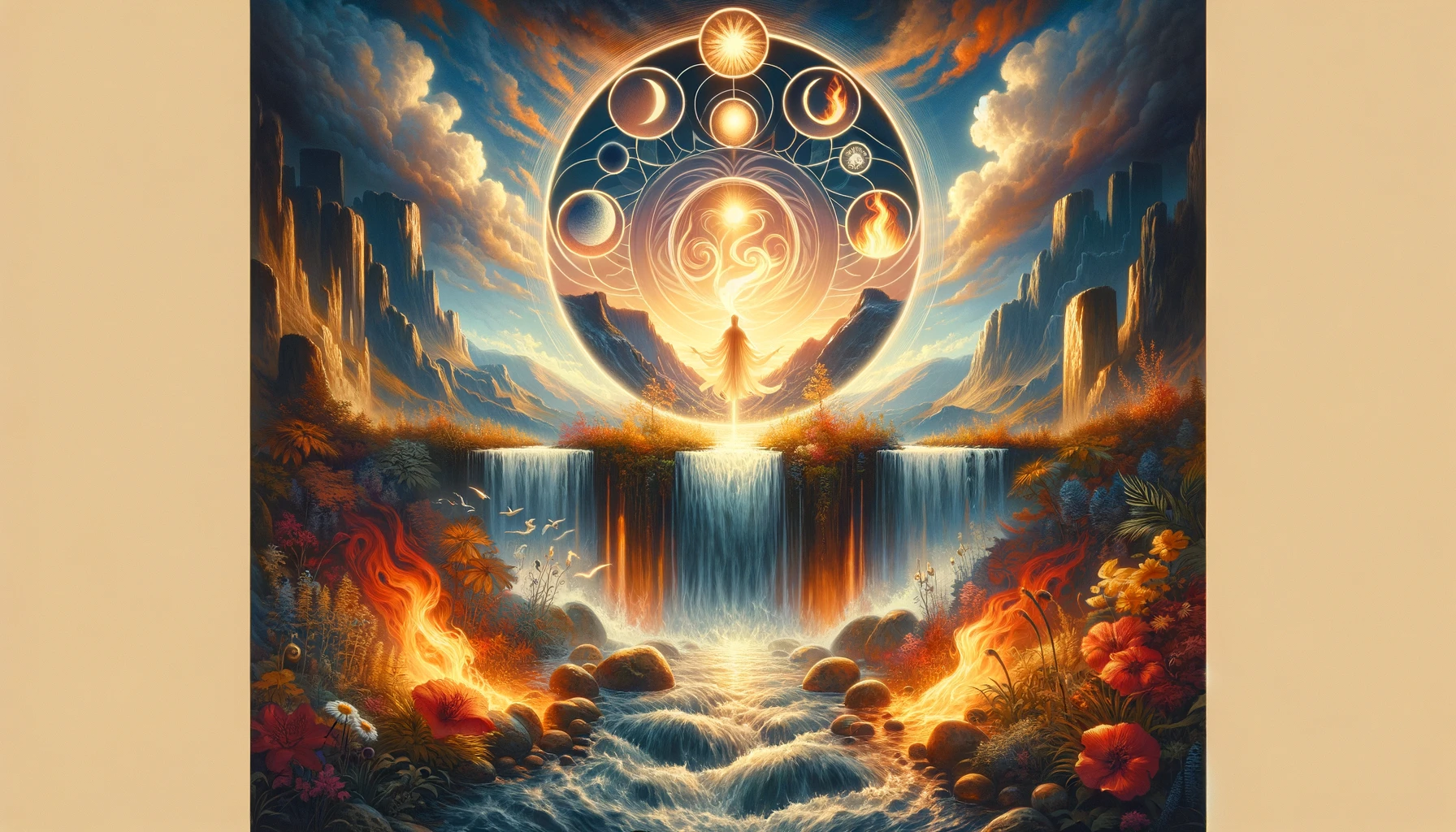 The image portrays a serene scene with elements seamlessly integrated and balanced, symbolizing harmony and inner peace. The composition exudes tranquility, with a sense of calmness pervading the atmosphere. This visualization embodies the essence of Temperance, suggesting a positive emotional state characterized by balance, contentment, and inner harmony. It highlights themes of emotional stability, serenity, and the joy derived from a harmonious alignment of one's inner and outer worlds