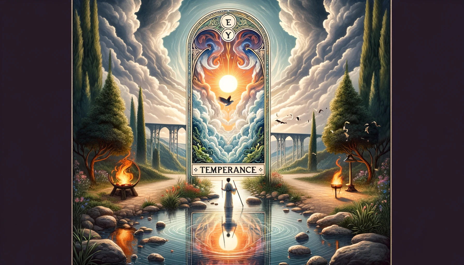 The image depicts a serene scene with elements of water and fire coexisting harmoniously. In the center, there is a symbolic representation of balance, with water flowing gently into a pool and flames burning steadily nearby. Surrounding the central balance point are symbols of growth and transformation, suggesting the potential for new beginnings and positive outcomes. The visualization embodies themes of harmony, balance, and the integration of opposing forces to achieve equilibrium and progress. It conveys a sense of calmness and contemplation, highlighting the importance of patience and moderation in navigating life's uncertainties.