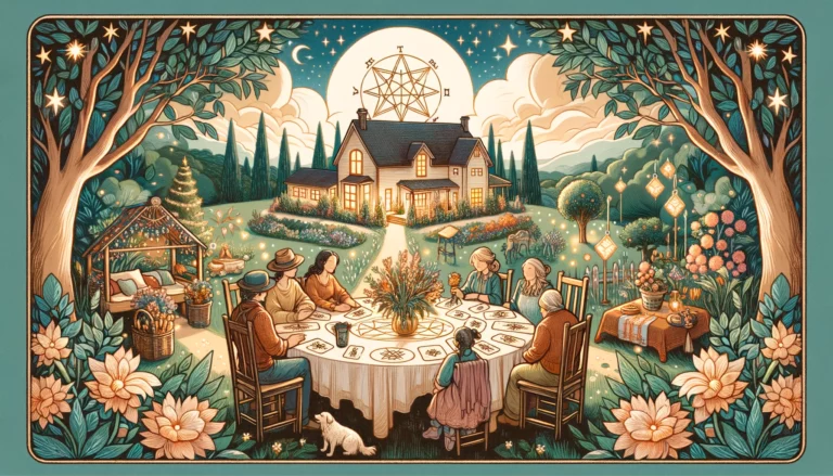 The image beautifully captures the deep sense of security, fulfillment, and connection to family and community. It emphasizes the emotional satisfaction and peace of mind derived from creating a lasting legacy and being surrounded by the support of family and community. The visualization conveys a sense of warmth and belonging, perfectly aligning with the essence of the Ten of Pentacles as it relates to feelings.