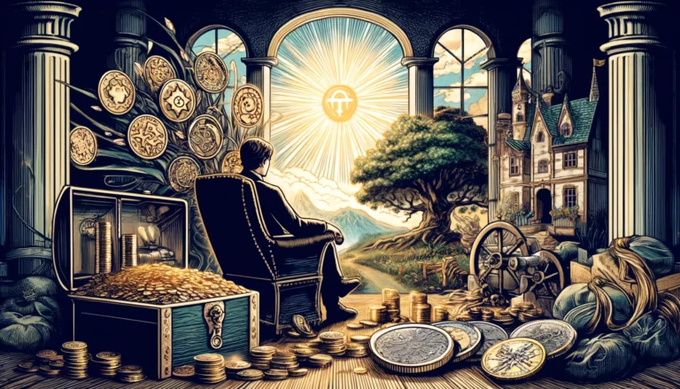 The image beautifully encapsulates the desires for stability, prosperity, and a lasting legacy, highlighting the aspirations for a life filled with abundance, meaningful connections, and the creation of a lasting impact. It conveys a sense of richness and permanence, perfectly aligning with the essence of the Ten of Pentacles as it relates to someone's aspirations. The visualization portrays scenes of wealth, familial harmony, and a sense of fulfillment, symbolizing the achievement of long-term goals and the realization of cherished dreams.