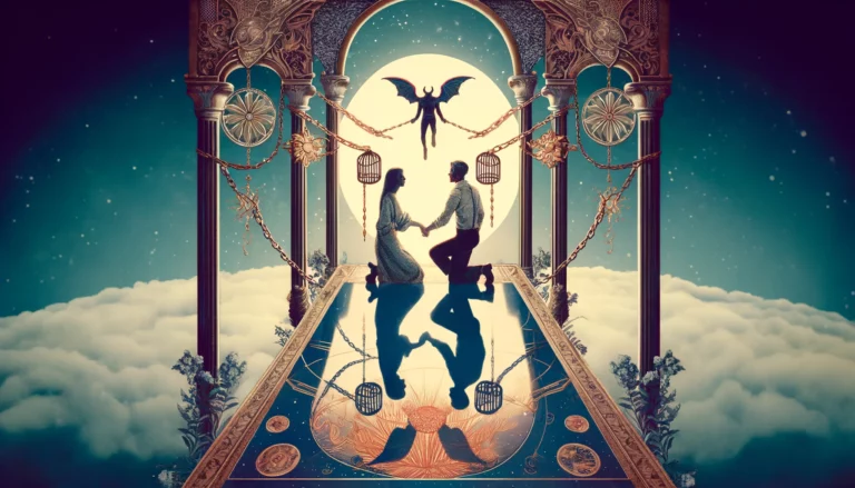 The image portrays a couple entangled in chains, representing the constraints and limitations hindering their relationship. This visualization captures the essence of The Devil card in a love context, highlighting themes of liberation, the necessity to confront and break free from toxic bonds, and the potential for transforming adversity into empowerment and freedom. The environment suggests a feeling of confinement or entrapment, urging the need for liberation and emancipation.