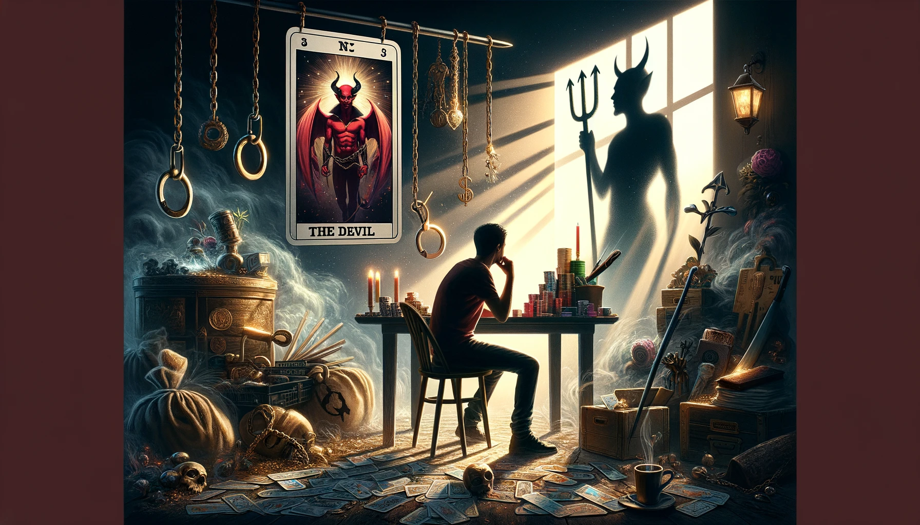 The image portrays an individual embodying the qualities associated with The Devil card, such as materialism, obsession, or the struggle with one's own shadows. This visualization emphasizes themes of self-awareness, the challenge of overcoming personal demons, and the journey towards liberation from self-imposed limitations. The environment includes symbolic elements of entrapment or indulgence, reflecting the struggle for inner freedom.