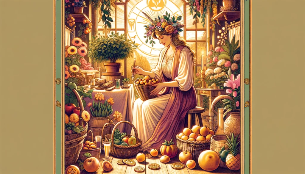 An illustration of the Queen of Pentacles seated in a lush garden surrounded by blooming flowers, vibrant trees, and lush greenery. The Queen has a serene expression on her face, radiating warmth and comfort as she cradles a pentacle in her hands. The scene evokes feelings of security, abundance, and nurturing care, providing a vivid illustration of the emotional fulfillment and stability associated with the Upright Queen of Pentacles in tarot readings.