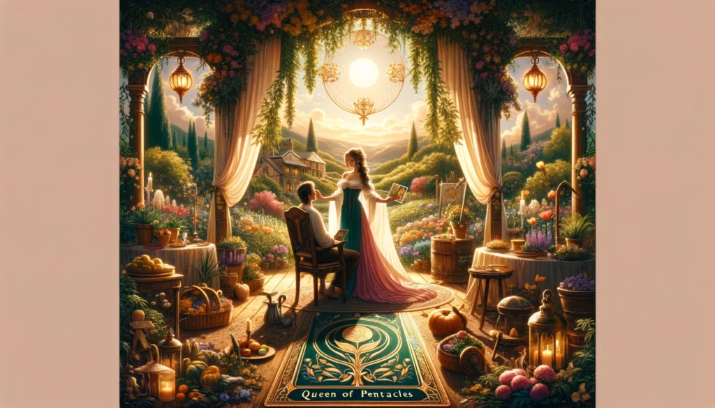 The image depicts a couple holding hands, surrounded by symbols of abundance and comfort. The Queen of Pentacles is portrayed as a nurturing figure, radiating warmth and kindness. The scene conveys a sense of security and stability, highlighting the deep emotional connection and mutual support between the partners. Overall, the visualization symbolizes the nurturing qualities of the Queen of Pentacles and the enduring love cultivated through generosity, warmth, and practical wisdom in a relationship.