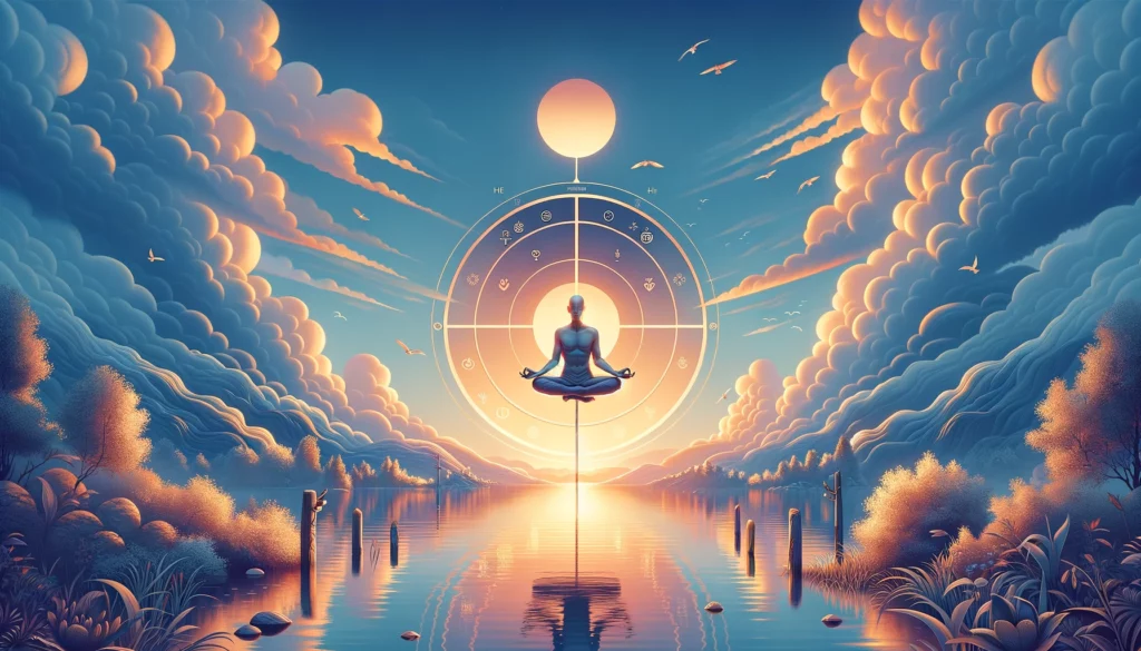 The image portrays a tranquil and harmonious scene, with elements delicately balanced and integrated, symbolizing emotional equilibrium and inner peace. The composition exudes a sense of calmness and serenity, evoking feelings of contentment and satisfaction. This visualization embodies the essence of Upright Temperance, suggesting a state of emotional balance achieved through moderation, patience, and self-control. It emphasizes themes of inner peace, stability, and the gentle joy derived from living in harmony with one's authentic self.