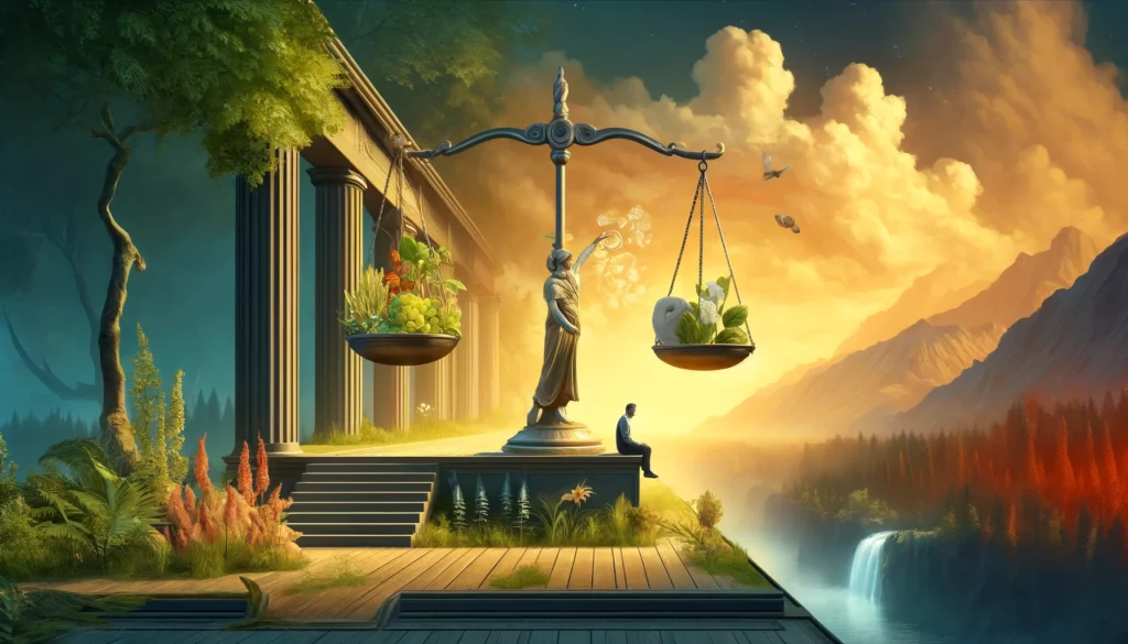 The image portrays a tranquil scene featuring a figure representing Temperance pouring water from one cup to another, symbolizing the blending and moderation of different elements. The figure stands in a peaceful setting, surrounded by lush greenery and flowing water, evoking a sense of harmony and balance. The visualization embodies the principles of equilibrium, healing, and moderation, suggesting a positive outcome achieved through patience and careful balancing of opposing forces. It conveys a message of gradual progress and the benefits of maintaining a harmonious approach to life's challenges.